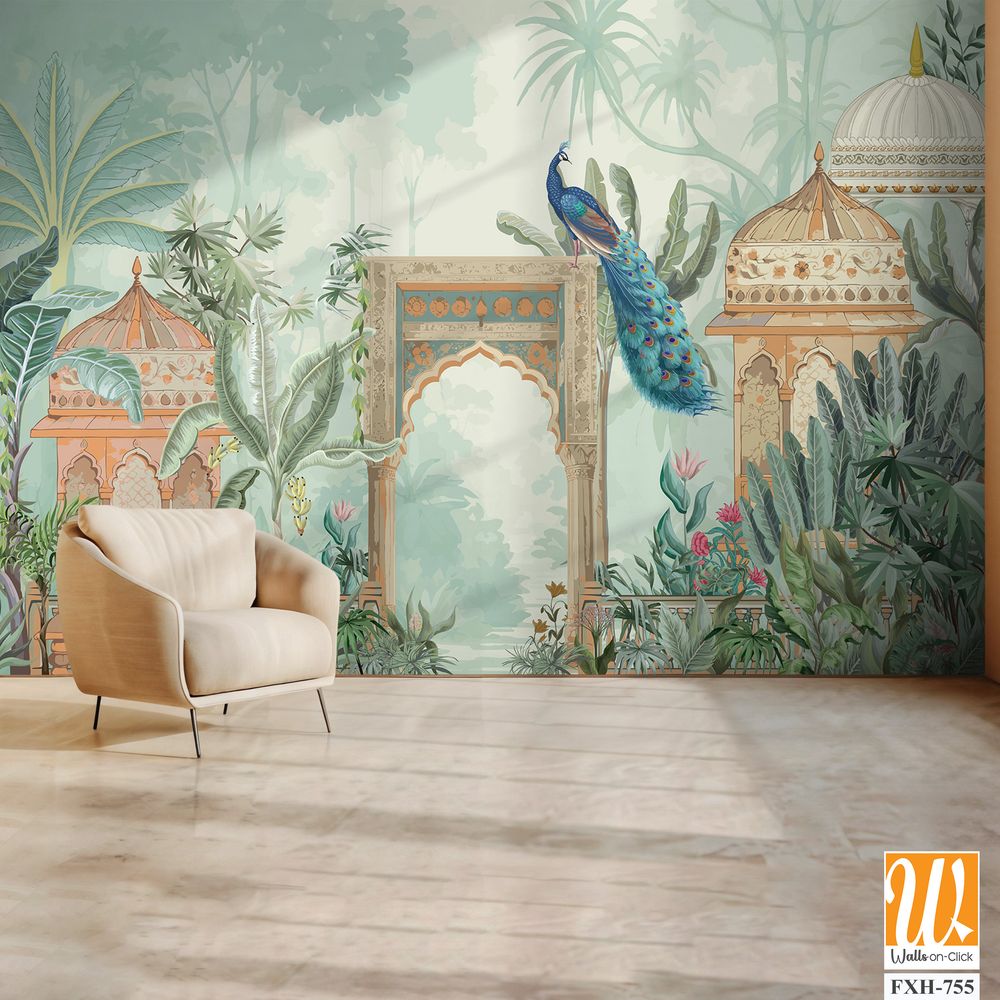 Traditional Mughal forest garden, peacock, palace illustration for wallpaper [WP-FXH-755]