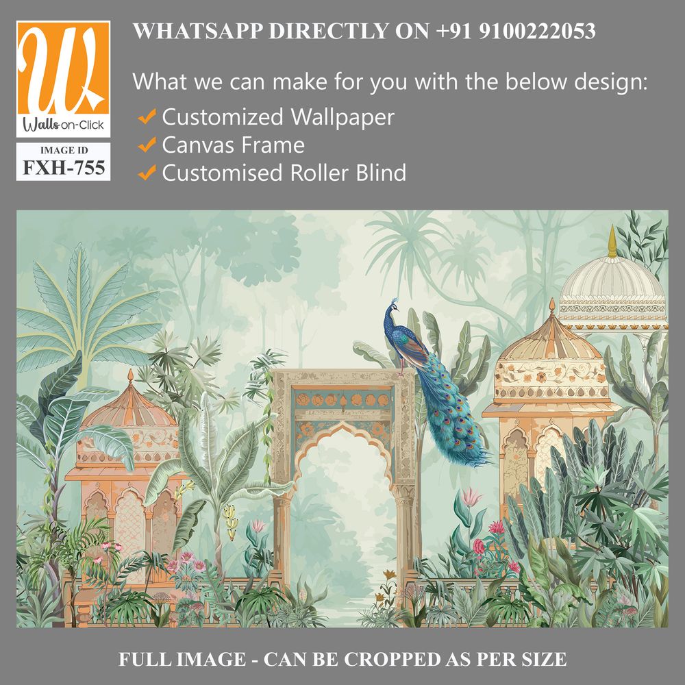 Traditional Mughal forest garden, peacock, palace illustration for wallpaper [WP-FXH-755]