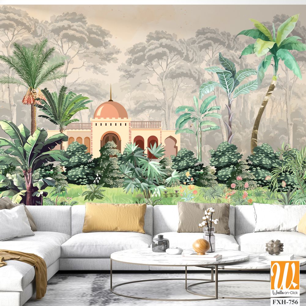 Mughal Mural Design, Mughal Wallpaper , Mughal garden with Mughal temple and watercolor tree, Watercolor background. [WP-FXH-756]
