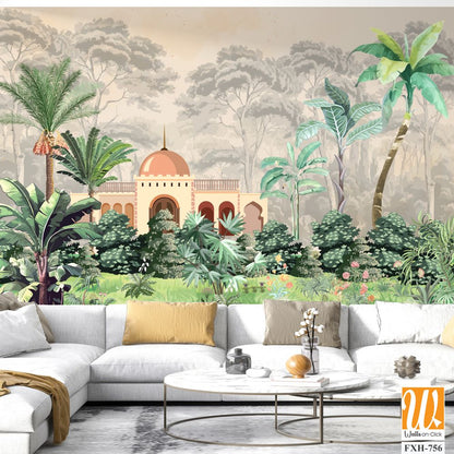 Mughal Mural Design, Mughal Wallpaper , Mughal garden with Mughal temple and watercolor tree, Watercolor background. [WP-FXH-756]