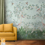 Floral Grass Wallpaper, Tropical Plam Tree wallpaper, watercolor background, Birds, Peacock. [WP-FXH-757]
