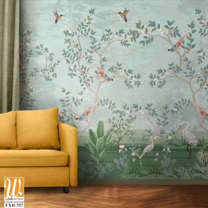 Floral Grass Wallpaper, Tropical Plam Tree wallpaper, watercolor background, Birds, Peacock. [WP-FXH-757]