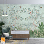 Floral Grass Wallpaper, Tropical Plam Tree wallpaper, watercolor background, Birds, Peacock. [WP-FXH-757]