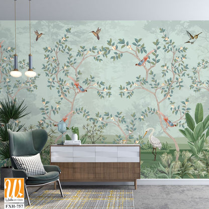 Floral Grass Wallpaper, Tropical Plam Tree wallpaper, watercolor background, Birds, Peacock. [WP-FXH-757]