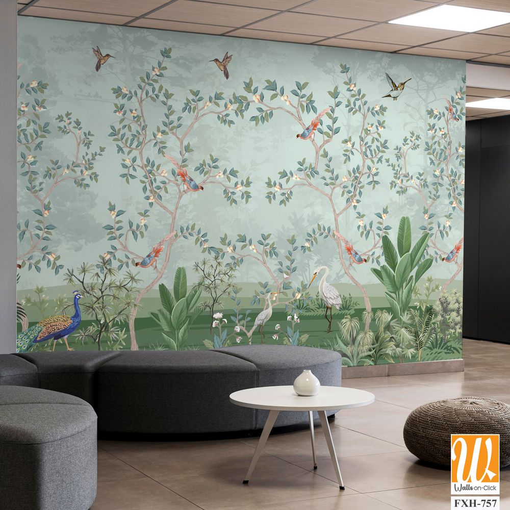 Floral Grass Wallpaper, Tropical Plam Tree wallpaper, watercolor background, Birds, Peacock. [WP-FXH-757]