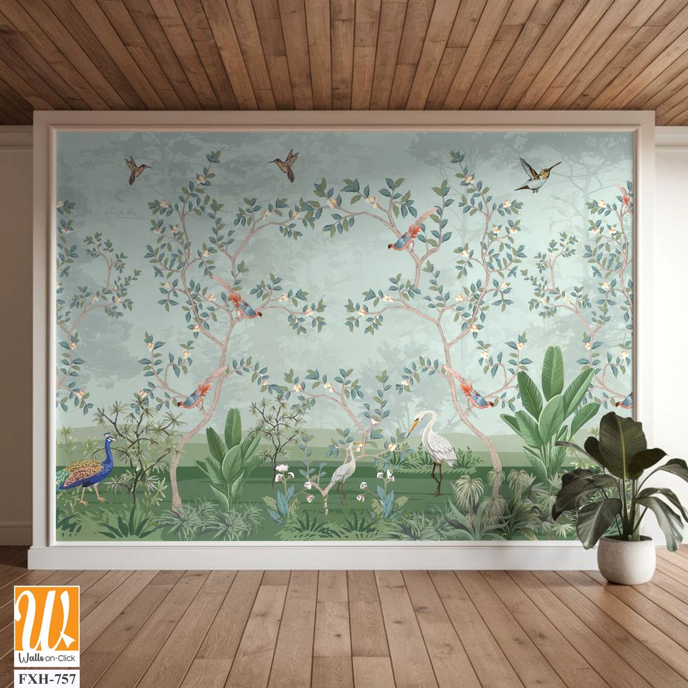 Floral Grass Wallpaper, Tropical Plam Tree wallpaper, watercolor background, Birds, Peacock. [WP-FXH-757]
