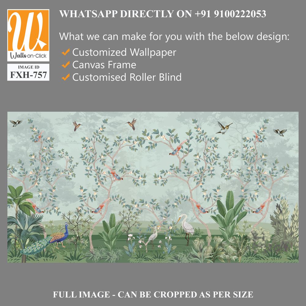 Floral Grass Wallpaper, Tropical Plam Tree wallpaper, watercolor background, Birds, Peacock. [WP-FXH-757]