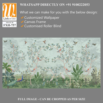Floral Grass Wallpaper, Tropical Plam Tree wallpaper, watercolor background, Birds, Peacock. [WP-FXH-757]