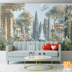 Italian garden with peacock, bird, tree vintage illustration for wallpaper [WP-FXH-759]