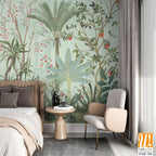 Floral Wall Mural, Tropical Plant with flower mural design, birds, Watercolor background. [WP-FXH-760]