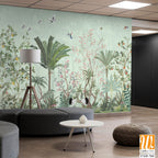 Floral Wall Mural, Tropical Plant with flower mural design, birds, Watercolor background. [WP-FXH-760]