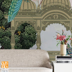 Mughal Mural Design, traditional Mughal Mural Wallpaper with Peacock and birds, Watercolor background. [WP-FXH-761]