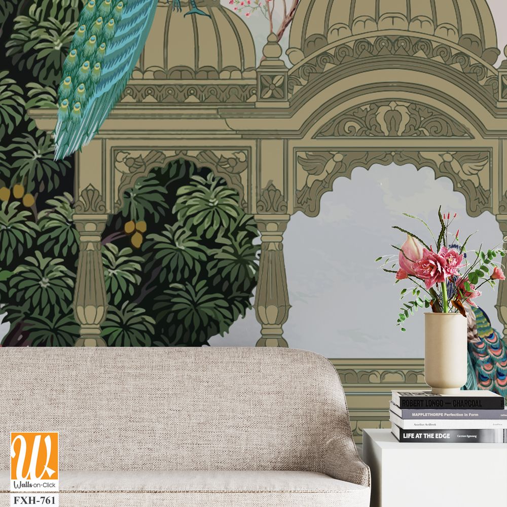 Mughal Mural Design, traditional Mughal Mural Wallpaper with Peacock and birds, Watercolor background. [WP-FXH-761]