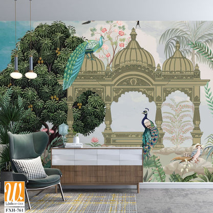 Mughal Mural Design, traditional Mughal Mural Wallpaper with Peacock and birds, Watercolor background. [WP-FXH-761]