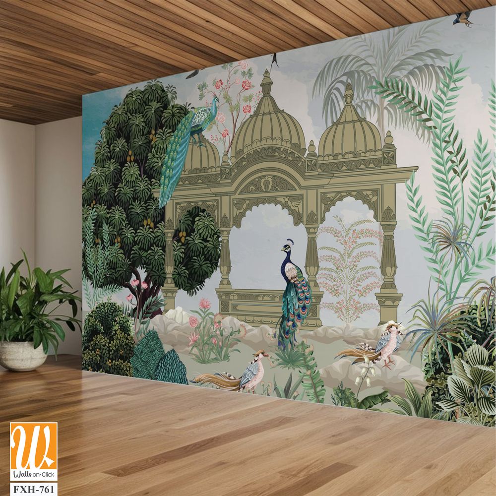 Mughal Mural Design, traditional Mughal Mural Wallpaper with Peacock and birds, Watercolor background. [WP-FXH-761]