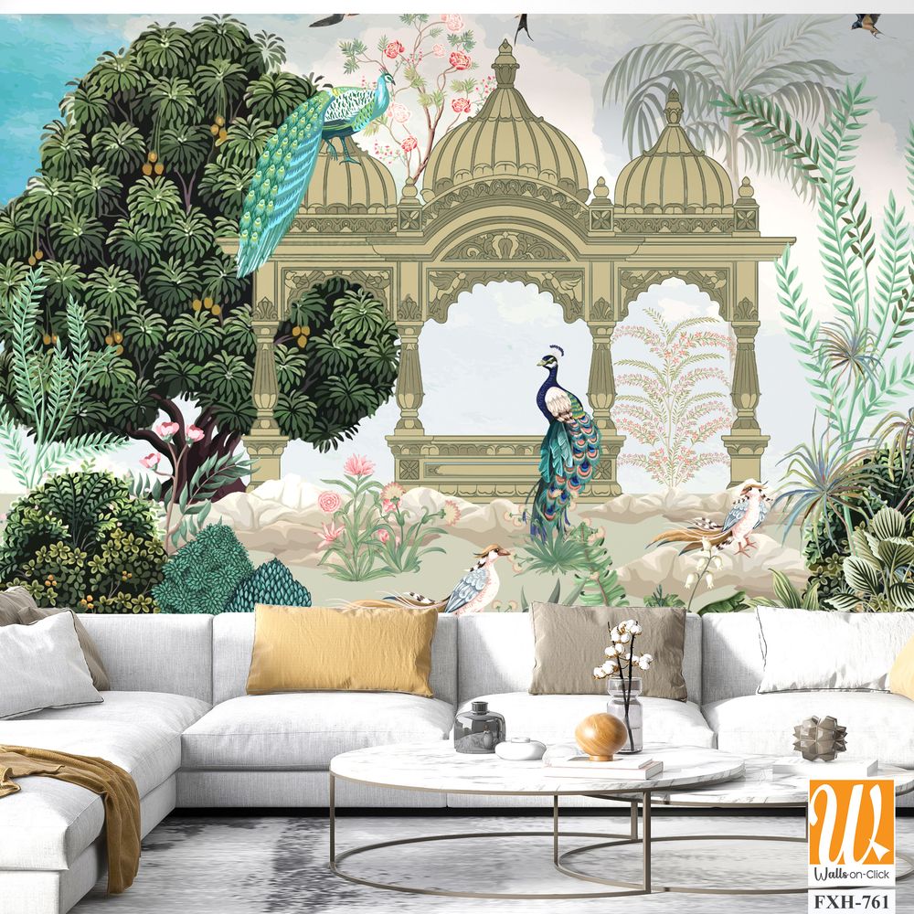 Mughal Mural Design, traditional Mughal Mural Wallpaper with Peacock and birds, Watercolor background. [WP-FXH-761]