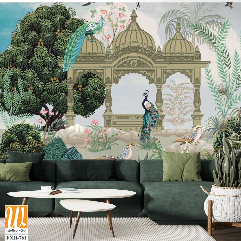 Mughal Mural Design, traditional Mughal Mural Wallpaper with Peacock and birds, Watercolor background. [WP-FXH-761]