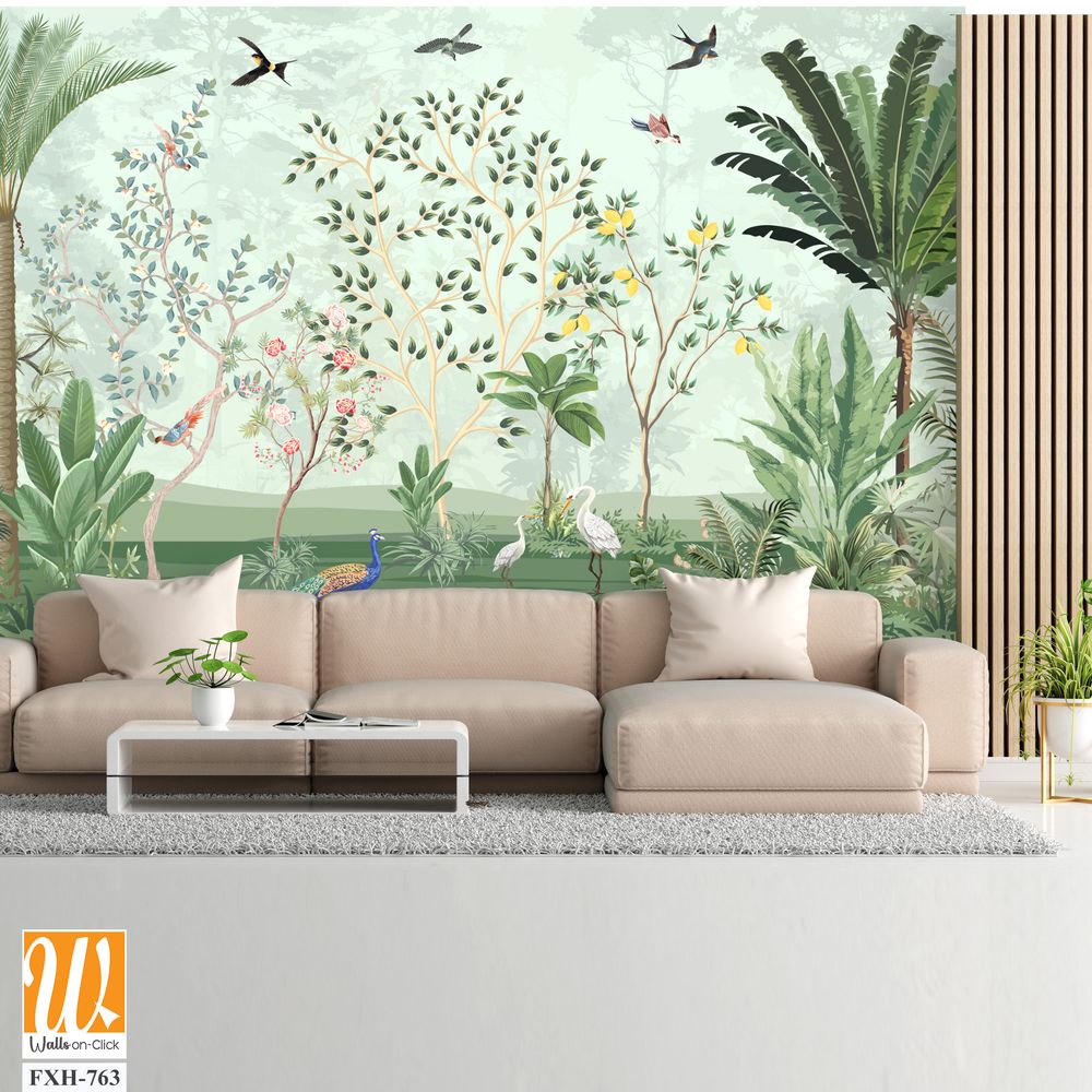 Chinoiserie wallpapers, Tropical mural, Mughal Background Design, Birds, Peacock. [WP-FXH-763]