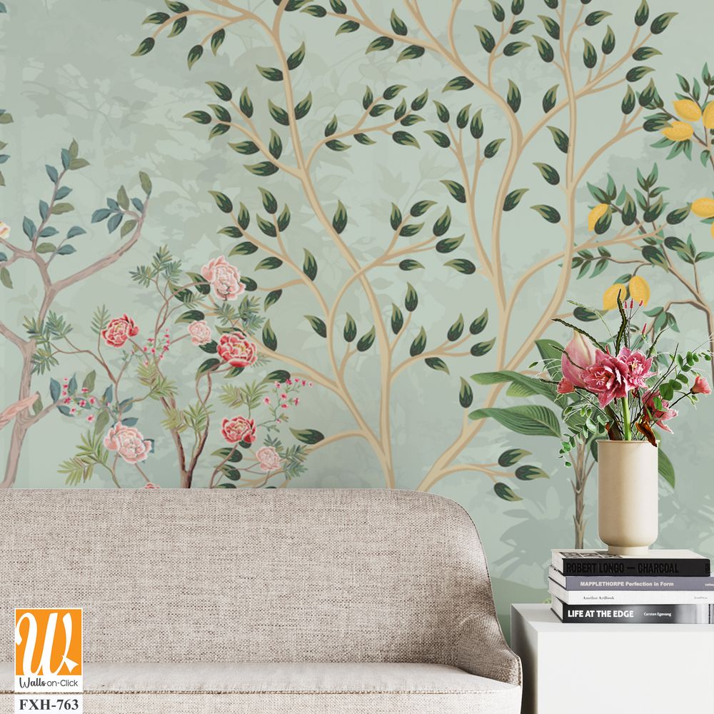 Chinoiserie wallpapers, Tropical mural, Mughal Background Design, Birds, Peacock. [WP-FXH-763]
