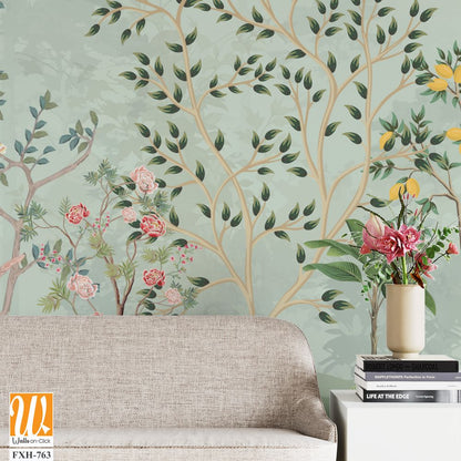 Chinoiserie wallpapers, Tropical mural, Mughal Background Design, Birds, Peacock. [WP-FXH-763]
