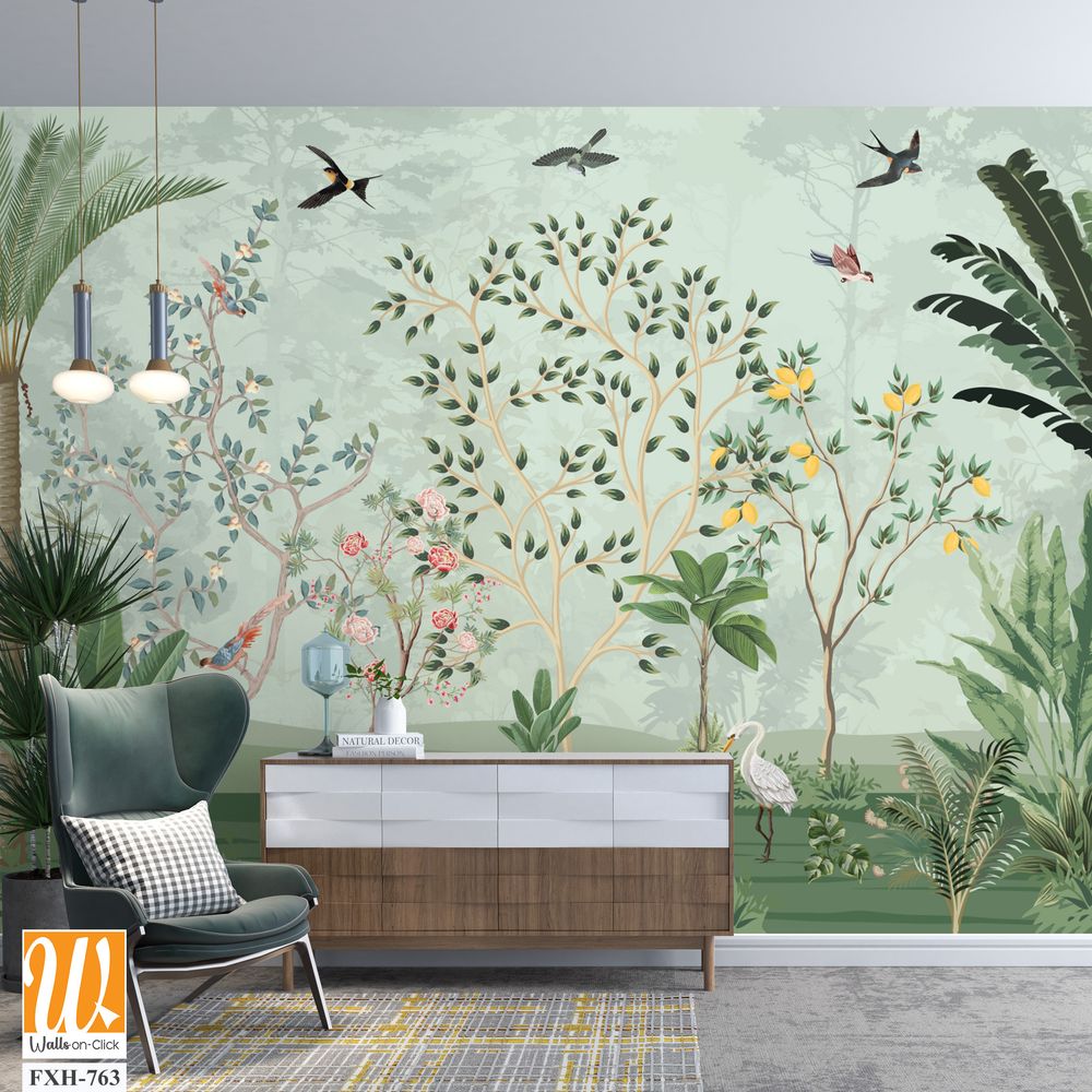 Chinoiserie wallpapers, Tropical mural, Mughal Background Design, Birds, Peacock. [WP-FXH-763]