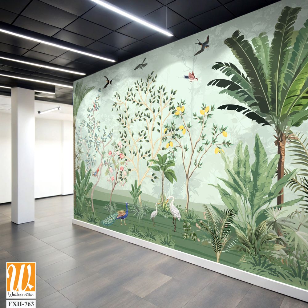 Chinoiserie wallpapers, Tropical mural, Mughal Background Design, Birds, Peacock. [WP-FXH-763]