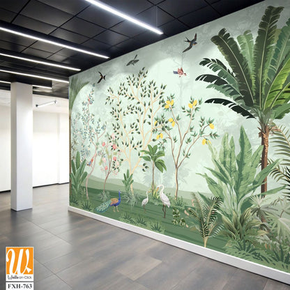 Chinoiserie wallpapers, Tropical mural, Mughal Background Design, Birds, Peacock. [WP-FXH-763]