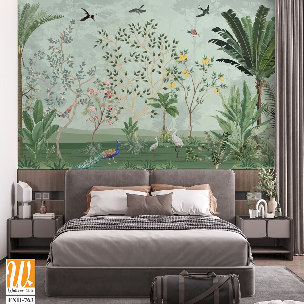 Chinoiserie wallpapers, Tropical mural, Mughal Background Design, Birds, Peacock. [WP-FXH-763]