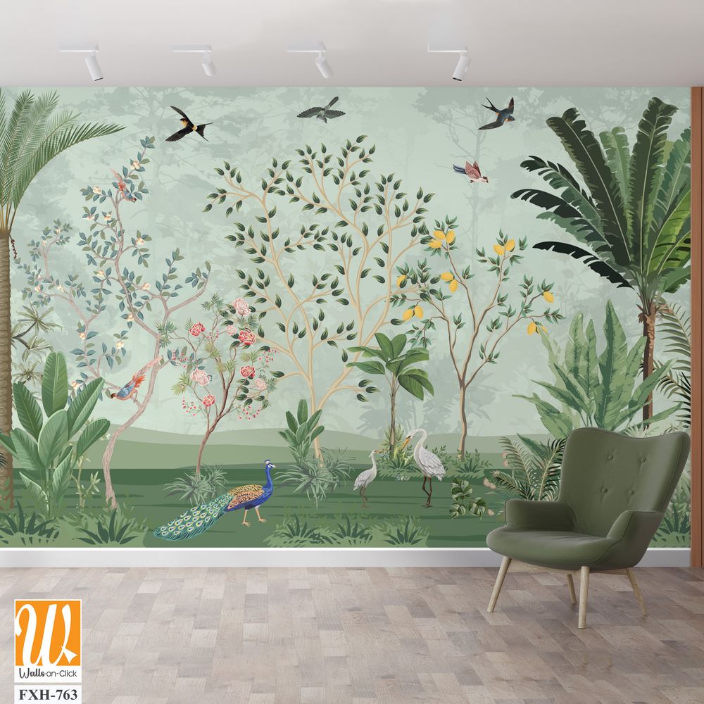 Chinoiserie wallpapers, Tropical mural, Mughal Background Design, Birds, Peacock. [WP-FXH-763]