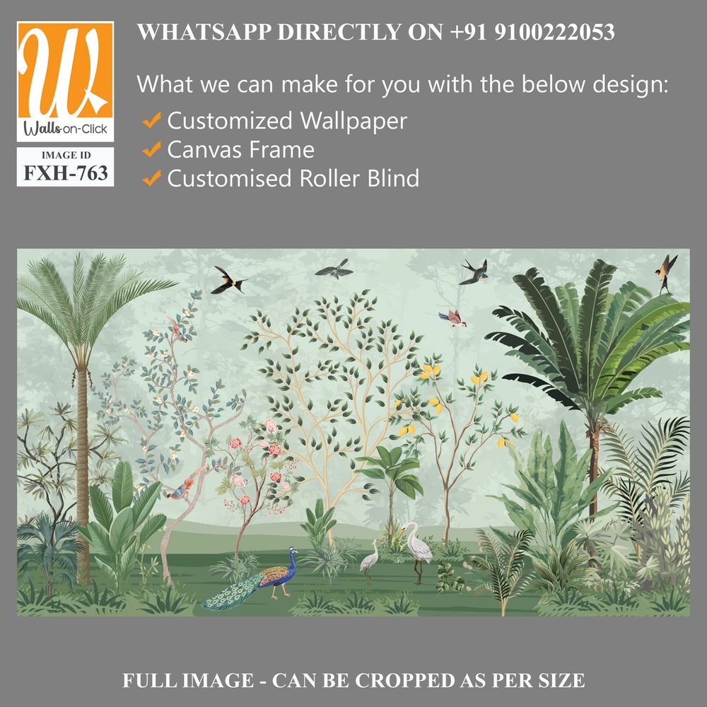 Chinoiserie wallpapers, Tropical mural, Mughal Background Design, Birds, Peacock. [WP-FXH-763]