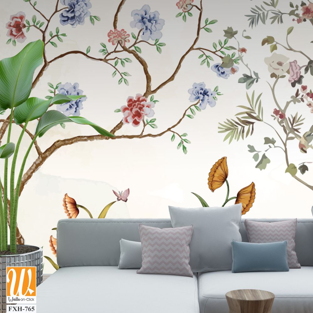 Chinoiserie Magnolia Mural, Tropical Mural Design, birds, Watercolor trees. [WP-FXH-765]