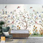 Chinoiserie Magnolia Mural, Tropical Mural Design, birds, Watercolor trees. [WP-FXH-765]