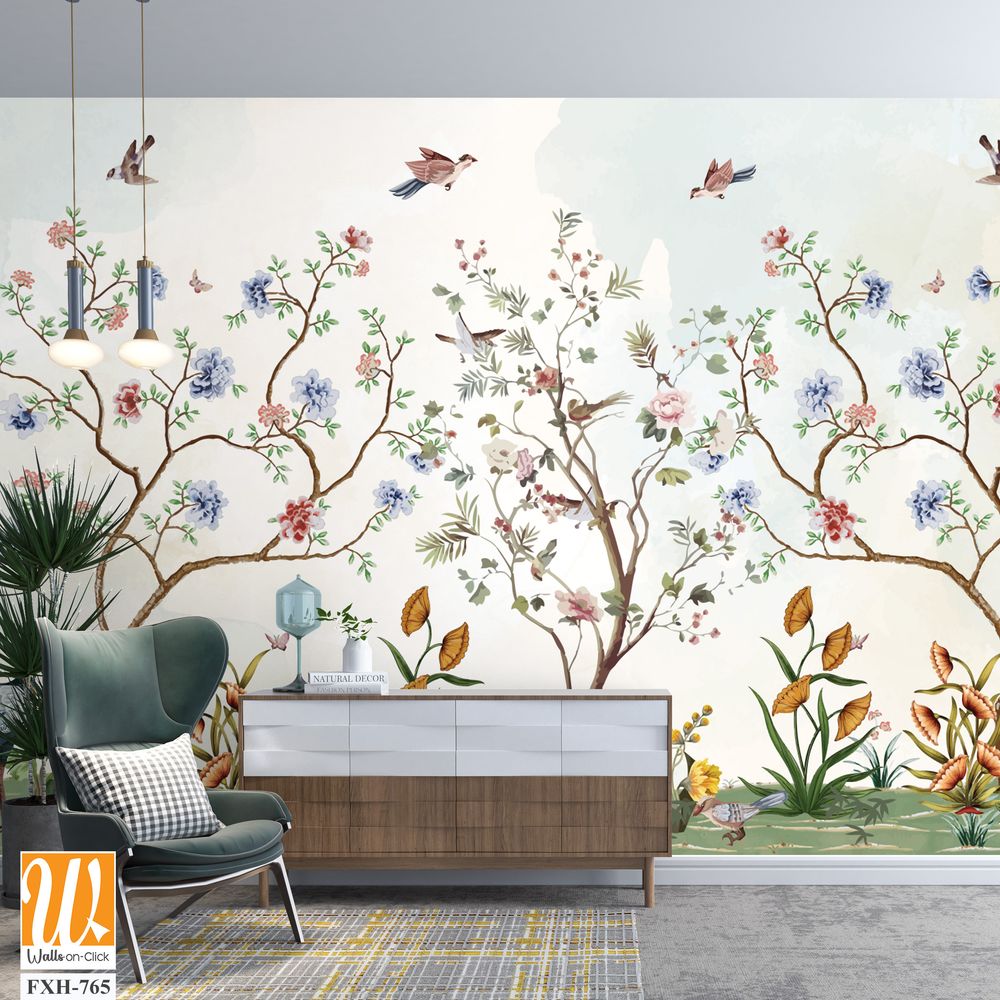 Chinoiserie Magnolia Mural, Tropical Mural Design, birds, Watercolor trees. [WP-FXH-765]