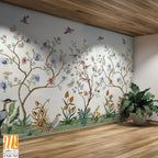 Chinoiserie Magnolia Mural, Tropical Mural Design, birds, Watercolor trees. [WP-FXH-765]