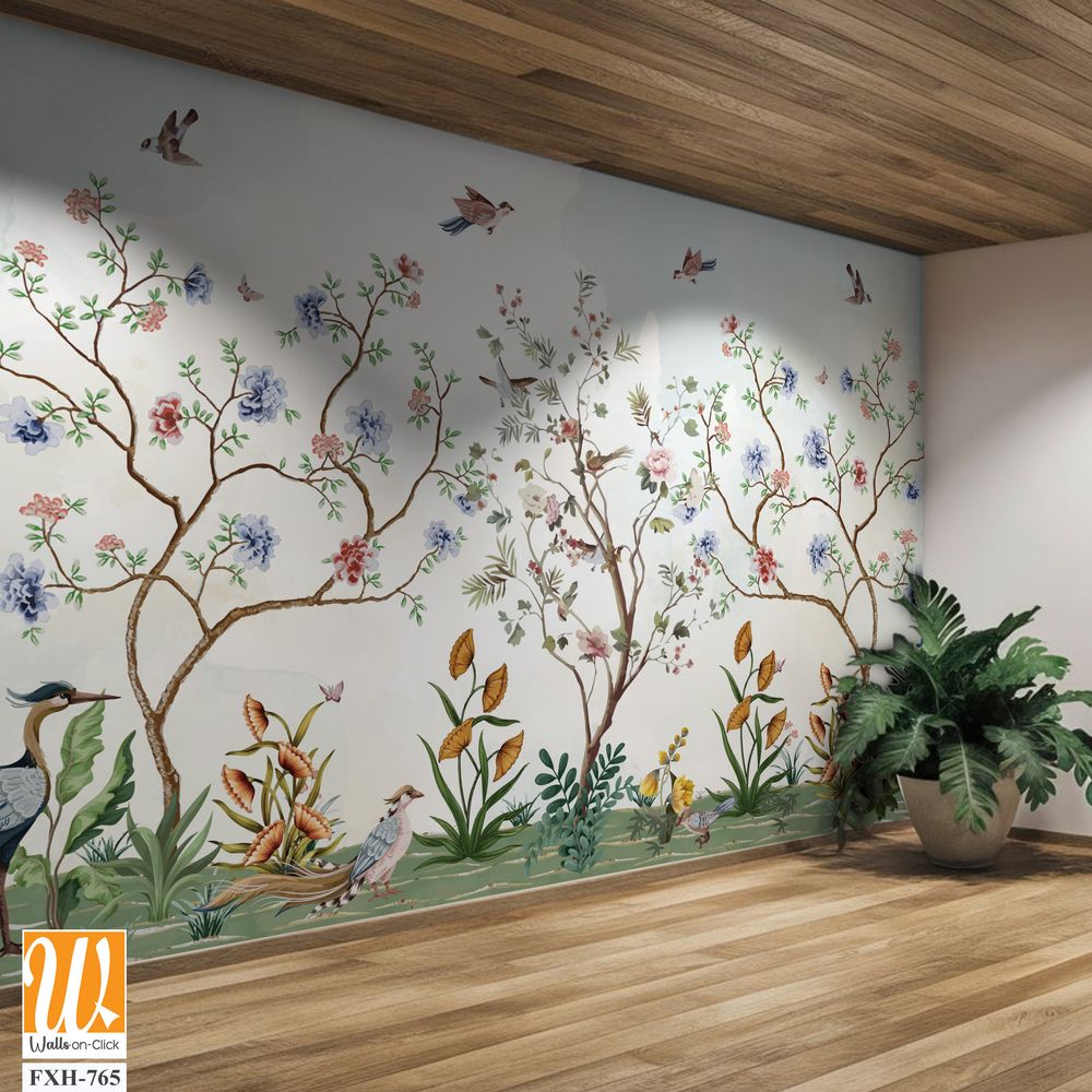 Chinoiserie Magnolia Mural, Tropical Mural Design, birds, Watercolor trees. [WP-FXH-765]