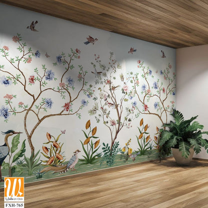 Chinoiserie Magnolia Mural, Tropical Mural Design, birds, Watercolor trees. [WP-FXH-765]