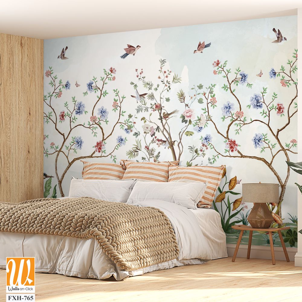 Chinoiserie Magnolia Mural, Tropical Mural Design, birds, Watercolor trees. [WP-FXH-765]
