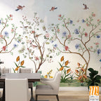 Chinoiserie Magnolia Mural, Tropical Mural Design, birds, Watercolor trees. [WP-FXH-765]
