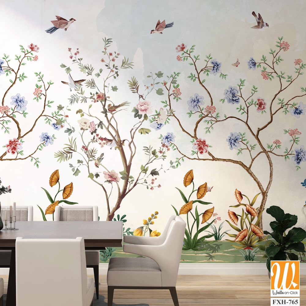 Chinoiserie Magnolia Mural, Tropical Mural Design, birds, Watercolor trees. [WP-FXH-765]