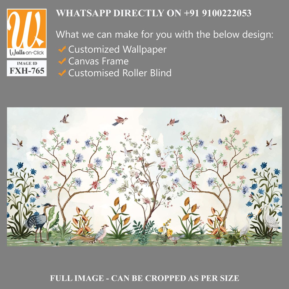 Chinoiserie Magnolia Mural, Tropical Mural Design, birds, Watercolor trees. [WP-FXH-765]