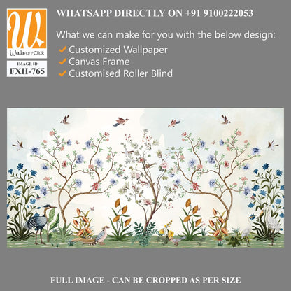 Chinoiserie Magnolia Mural, Tropical Mural Design, birds, Watercolor trees. [WP-FXH-765]