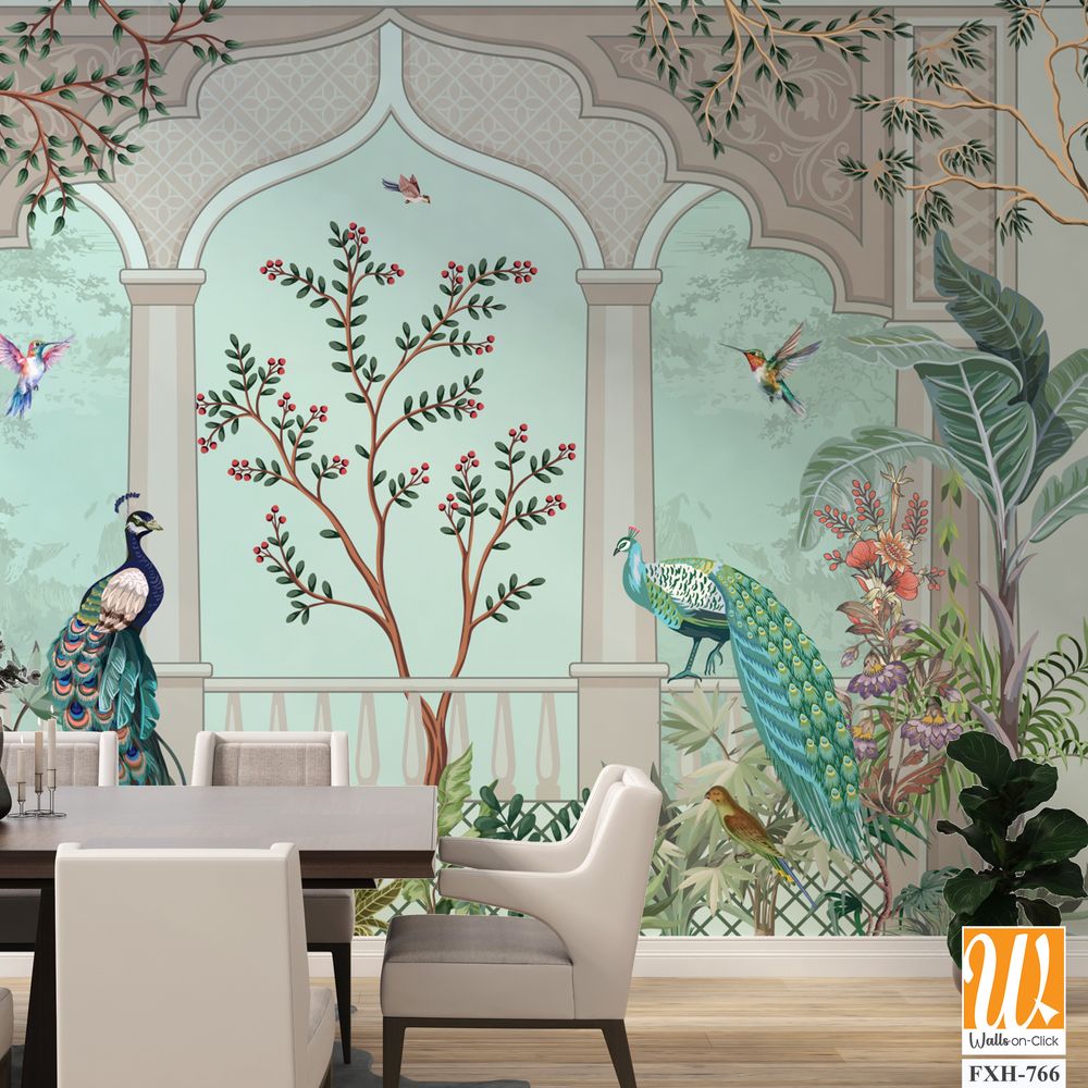 Traditional Mughal Wall Mural, Tropical Plant, Birds, Watercolor background,Peacock. [WP-FXH-766]