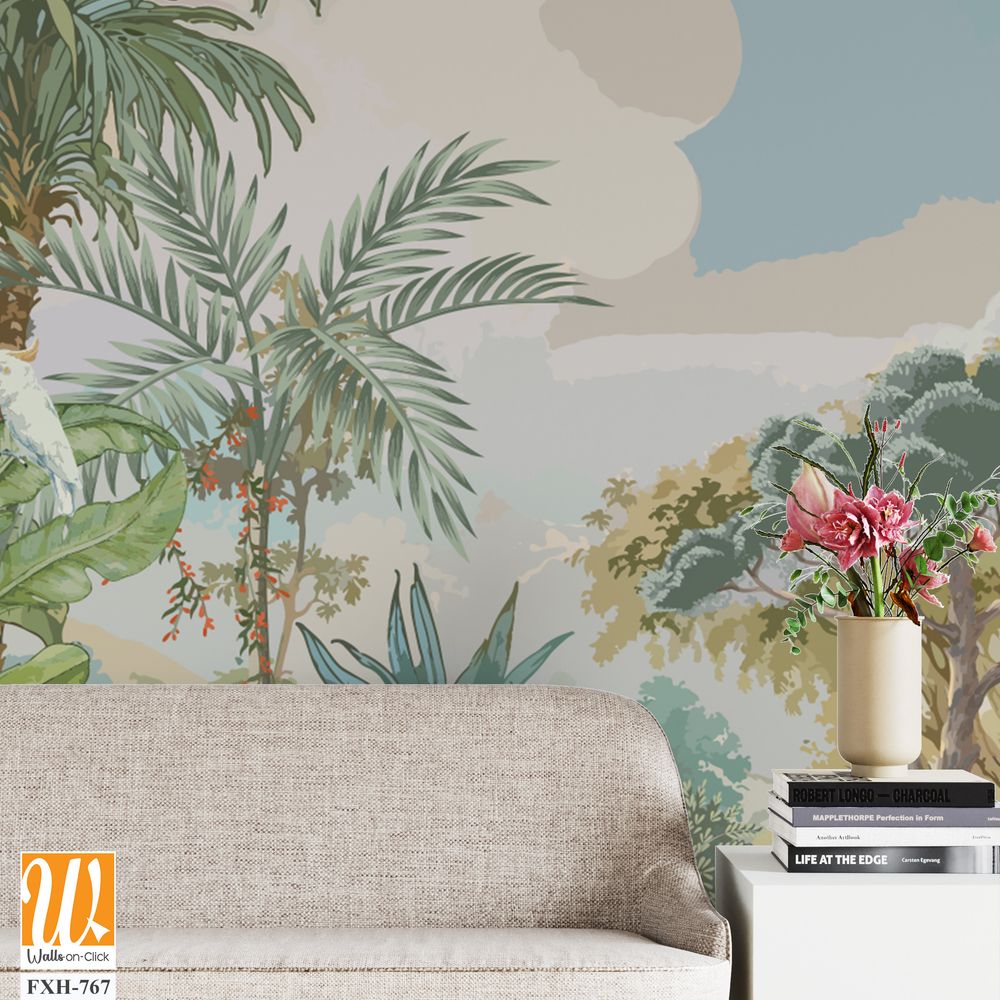 Tropical forest garden with Roman temple, tree, flower plant illustration for wallpaper [WP-FXH-767]