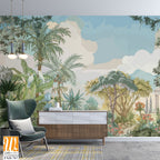 Tropical forest garden with Roman temple, tree, flower plant illustration for wallpaper [WP-FXH-767]