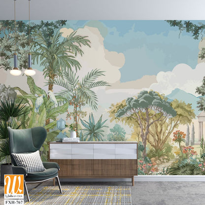 Tropical forest garden with Roman temple, tree, flower plant illustration for wallpaper [WP-FXH-767]