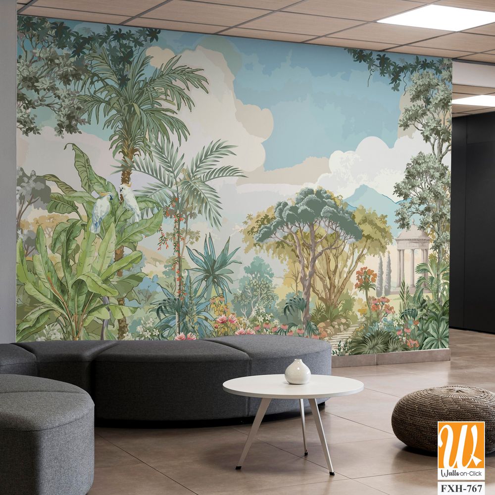 Tropical forest garden with Roman temple, tree, flower plant illustration for wallpaper [WP-FXH-767]