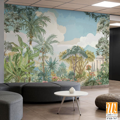 Tropical forest garden with Roman temple, tree, flower plant illustration for wallpaper [WP-FXH-767]