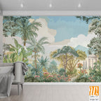 Tropical forest garden with Roman temple, tree, flower plant illustration for wallpaper [WP-FXH-767]