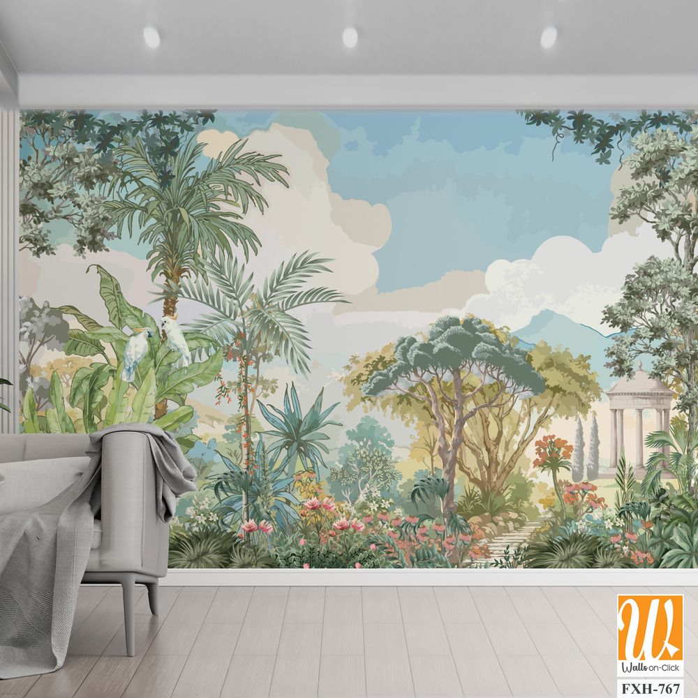 Tropical forest garden with Roman temple, tree, flower plant illustration for wallpaper [WP-FXH-767]