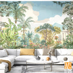 Tropical forest garden with Roman temple, tree, flower plant illustration for wallpaper [WP-FXH-767]